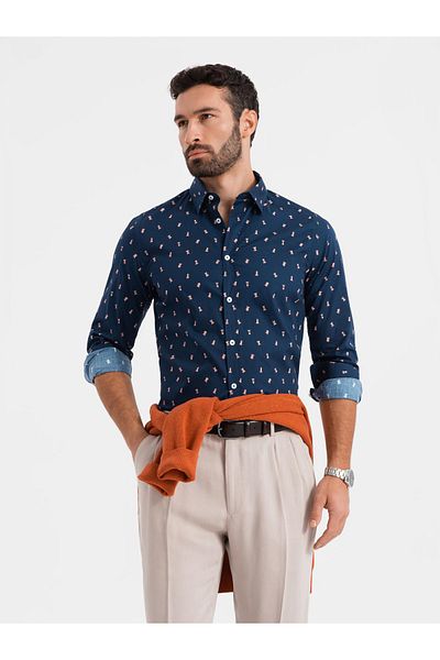 OMBRE Ανδρικό πουκάμισο με βαμβακερό σχέδιο SLIM FIT - μελάνι V3 OM-SHCS-0151 XL