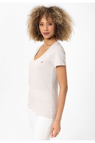 Williot Christina Skin Color Deep V Neck Short Sleeve Compact Cotton Embroidered Slim Fit Women's T-Shirt