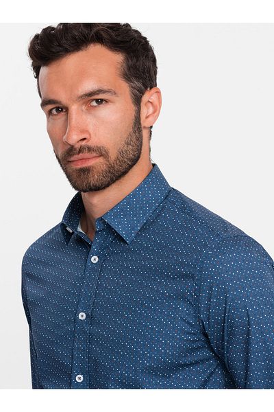 OMBRE Ανδρικό πουκάμισο με βαμβακερό σχέδιο SLIM FIT - μπλε V4 OM-SHCS-0151 L