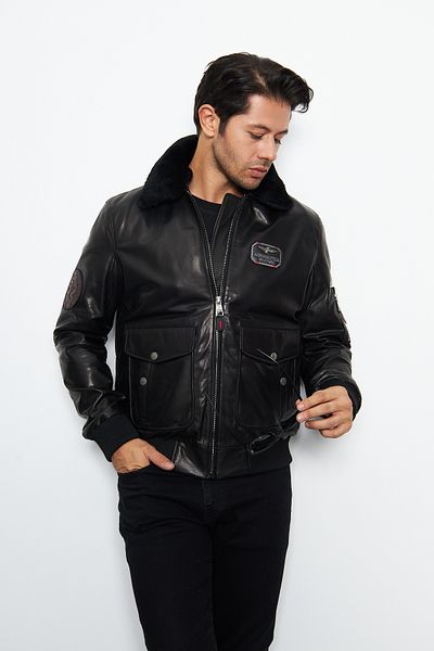 By Marki Marki Maverick Black Genuine Leather Jacket with Shearling Collar and Zipper Detail, 1St. Class Quality - 502322