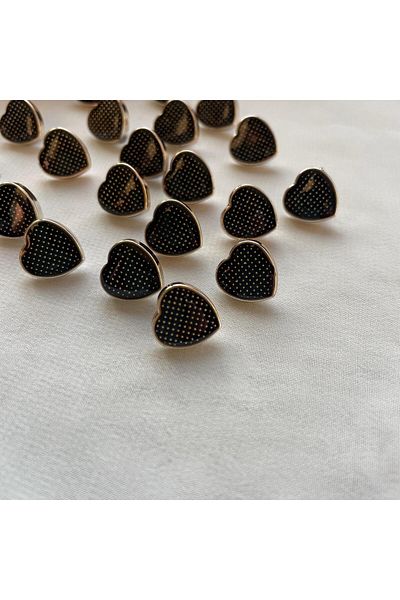 Bukle İplik Gold Heart Framed Dot Pattern Black Button 20" 1.3 cm - 20 Pcs