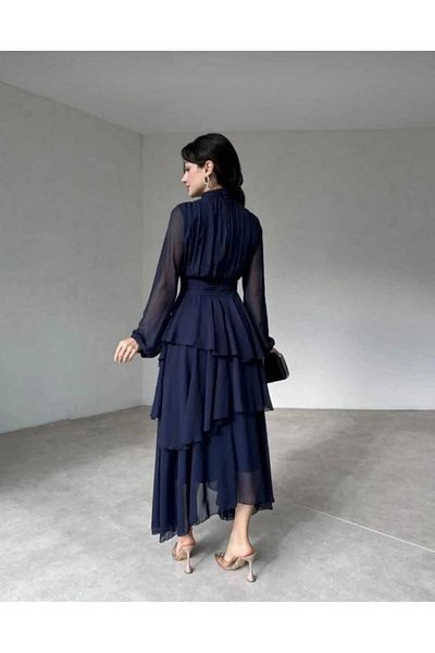 MODA DURAĞI Lilac Chiffon Floor Skirt Tulle Sleeves Pleated Dress
