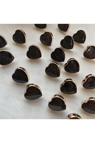 Bukle İplik Gold Heart Framed Dot Pattern Black Button 20" 1.3 cm - 20 Pcs