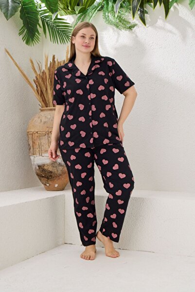 pijamacity Battal Beden Kadın Kısa Kollu Pamuklu Önden Düğmeli Pijama Takımı