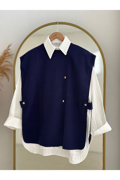 Ebrar Store Maral Snap Detailed Stamp Vest-Eu2717 Navy Blue