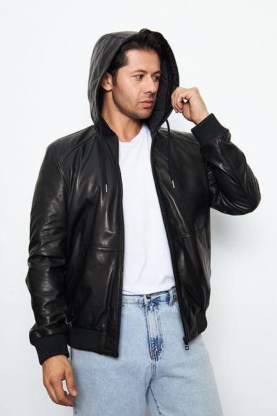 By Marki Marki Black Genuine Leather Coat - 70 Cm, Hood, Waterproof, Zip-Up, Spring - 502222