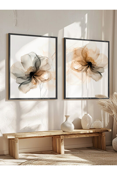 STARYUNA Ahşah siyah çerçeveli soyut çiçekli tablo, 2li suluboya efektli çiçe...