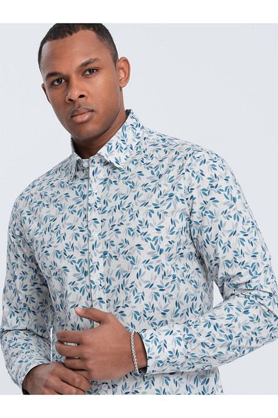 OMBRE Ανδρικό πουκάμισο SLIM FIT σε στάμπα κλαδιών - μπλε-γκρι V2 OM-SHPS-0163 M
