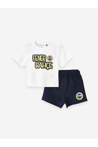 LC Waikiki Lcw Baby Ecru Crew Neck Yellow Navy Printed Baby Boy T-Shirt and Shorts 2-Piece Set