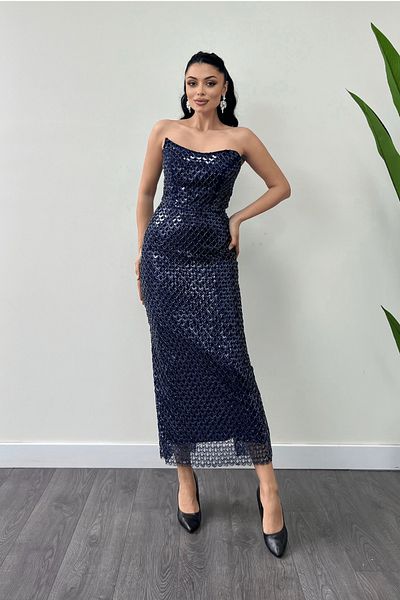 giyimmasalı Full Beaded Fabric Strapless Evening Dress - Navy Blue