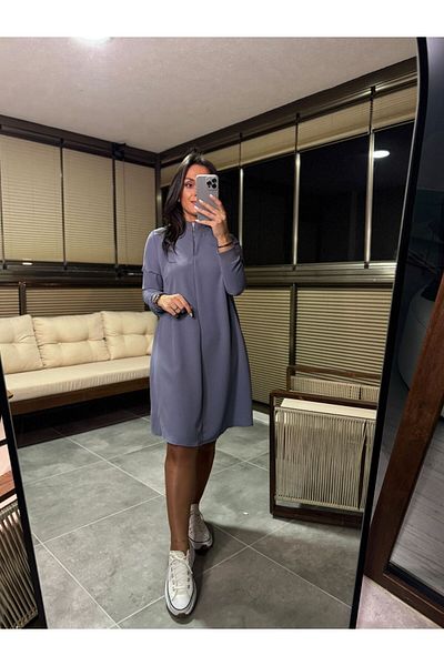 caddstore Φόρεμα Ms Crepe Anthracite με γιακά με φερμουάρ