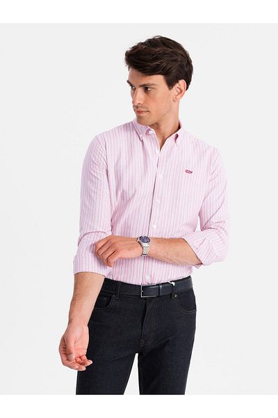 OMBRE Ανδρικό βαμβακερό πουκάμισο REGULAR FIT με λεπτές ρίγες - ροζ V2 OM-SHOS-0170 S