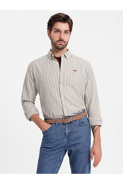 OMBRE Ανδρικό βαμβακερό πουκάμισο REGULAR FIT με λεπτές ρίγες - μπεζ V1 OM-SHOS-0170 S