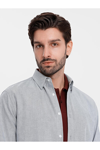 OMBRE Elegantní pánská oxfordská košile s výšivkou - světle šedá V2 OM-SHOS-0172 XL