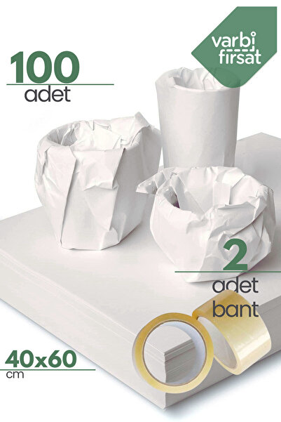 Varbifırsat 100 Adet 40x60 Tabak - Bardak Sarma Taşıma Taşınma Paketleme Kağıdı Hediye Paketi 2 Adet Koli Bandı