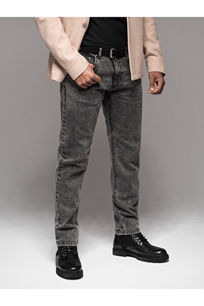OMBRE Pánské klasické seprané džíny REGULAR FIT - šedé V4 OM-PADP-0217 M