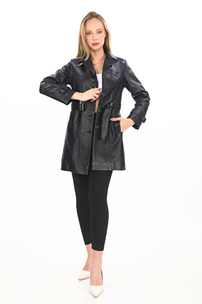 db deriburada original Kadın Puntolu Kemerli Hakiki Deri Trençkot