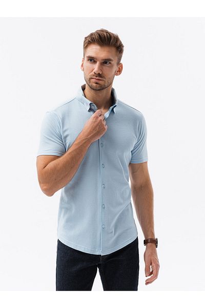 OMBRE Herren Strickhemd Slim Fit mit kurzen Ärmeln und Kragen - blau V3 OM-SHSS-0100 XXL
