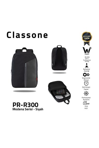 Classone حقيبة ظهر للكمبيوتر المحمول من القماش المقاوم للماء مقاس 15.6 بوصة من سلسلة Pr-r300 Modena - أسود