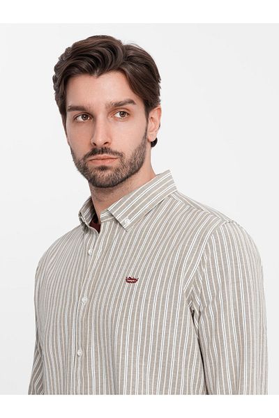 OMBRE Ανδρικό βαμβακερό πουκάμισο REGULAR FIT με λεπτές ρίγες - μπεζ V1 OM-SHOS-0170 S