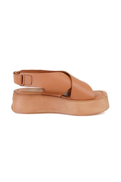 Desa Γυναικεία δερμάτινα πέδιλα με τακούνι Tan Wedge