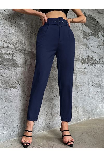 ribana Women's Narrow Leg Classic Belted High Waist Fabric Trousers -K3851