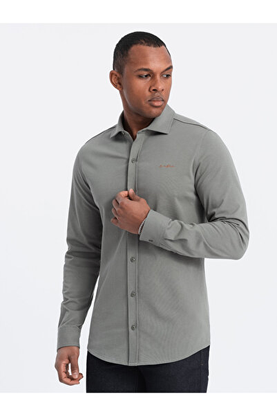 OMBRE Pánská bavlněná košile REGULAR single jersey - světlá khaki V4 OM-SHCS-0138 XXL