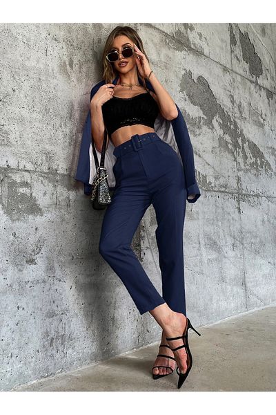 ribana Women's Narrow Leg Classic Belted High Waist Fabric Trousers -K3851