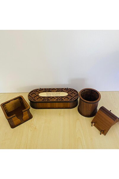 Roseart Ahşap 4lü Masa Üstü Seti Kutulu Kalemlik Masa Takımı Masa Organizer