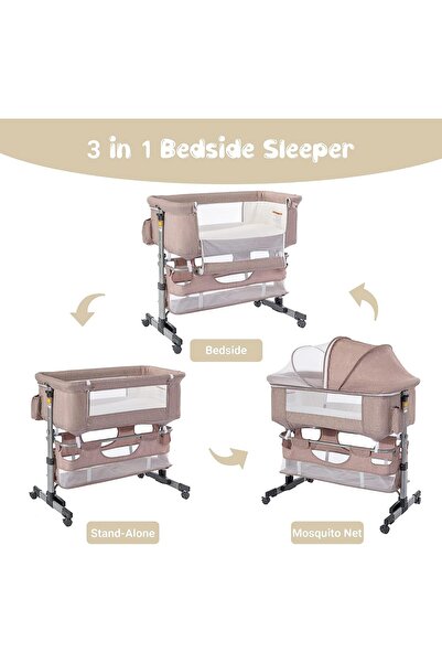 MAAS Baby Bedside Crib–foldable Newborn Bassinet With Storage,adjustable Height&swivel Wheels–beige