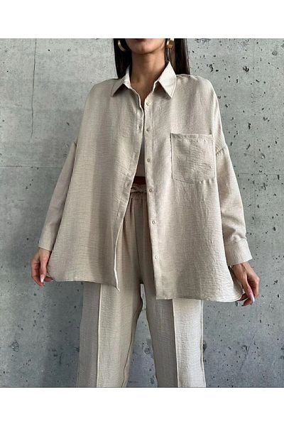 Famel Butik Women's Beige Double Linen Shirt, Top and Bottom Set with Trousers