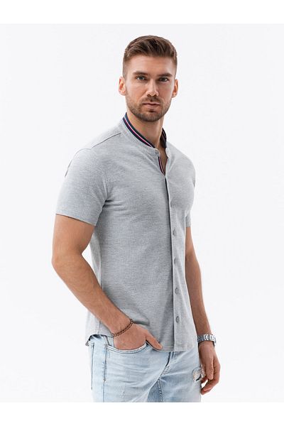 OMBRE Herren Strickhemd mit kurzen Ärmeln und Stehkragen - grau V5 OM-SHSS-0101 M
