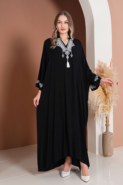 AYASOFYA OTANTIK Rochie neagră de damă, cu decolteu în V, cu broderie autentică, detaliată, supradimensionată