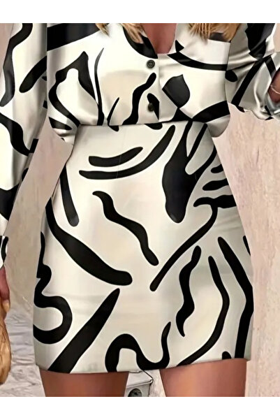 JANES Γυναικείο κοντό σατέν φόρεμα με μακρυμάνικο γιακά μπροστά με κουμπιά