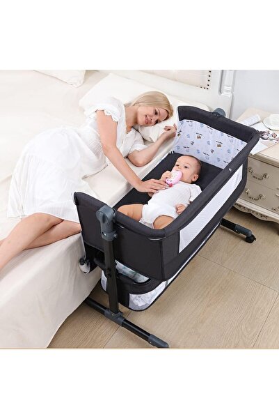 MAAS Baby Bedside Crib–foldable Newborn Bassinet With Storage,adjustable Height&swivel Wheels–dark Grey