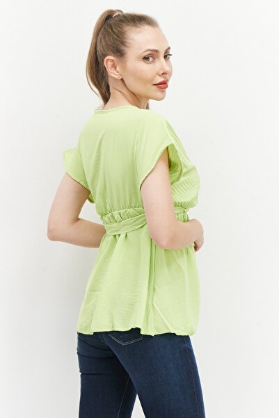 BOOHOO Women V-Neck Short Sleeve Pleated Top, Lime Green