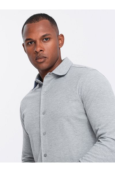 OMBRE Pánská pletená košile SLIM FIT s dlouhým rukávem - šedá V5 OM-SHCS-0177 M