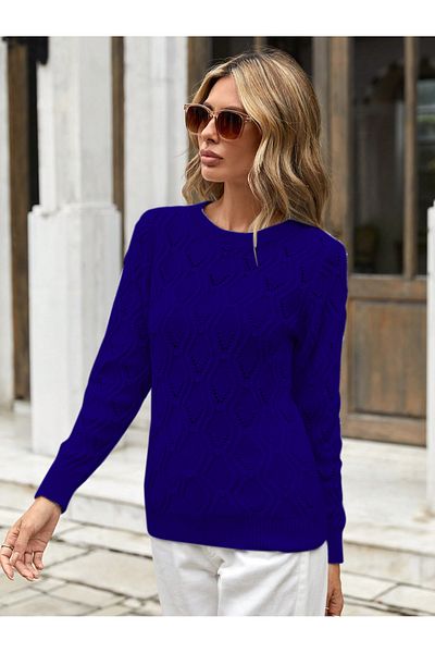 TRQOM Pulover Saks Blue Crew Gât Ajurat Execuție Model Tricotaj