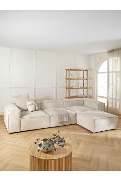 S Home Design Concept Frida 4 Modül Pofidik Modüler Kanepe L Köşe Koltuk Takımı, Fitilli, Kırık Beyaz