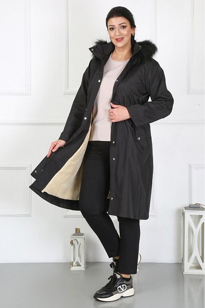 By Alba Collection Women's Long Bondite Fabric Curly Inside Large Size Coat Black