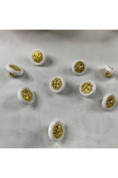 Bukle İplik Gold Ethnic Pattern White Plastic Bottom Pedestal Button - 1.2 cm Diameter (20 Pcs)