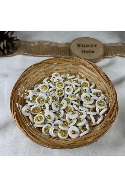 Bukle İplik Gold Ethnic Pattern White Plastic Bottom Pedestal Button - 1.2 cm Diameter (20 Pcs)