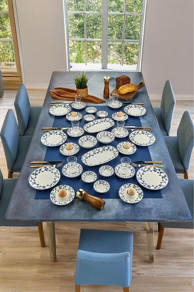 Cooker 34 Piece Porcelain Patterned Breakfast Set - Boat, Egg Holder, Plate, Jam Bowl, Snack Bowl