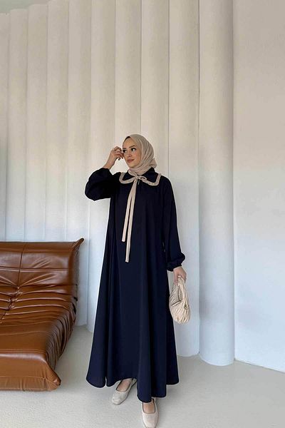 Melike Tatar Navy Blue Collar Detail Dress - 32-2309