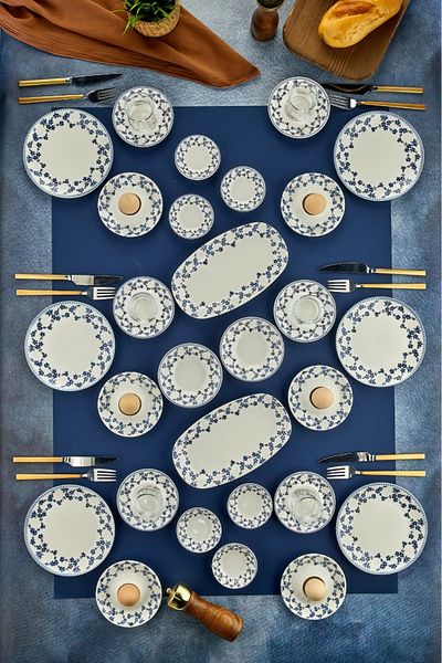 Cooker 34 Piece Porcelain Patterned Breakfast Set - Boat, Egg Holder, Plate, Jam Bowl, Snack Bowl