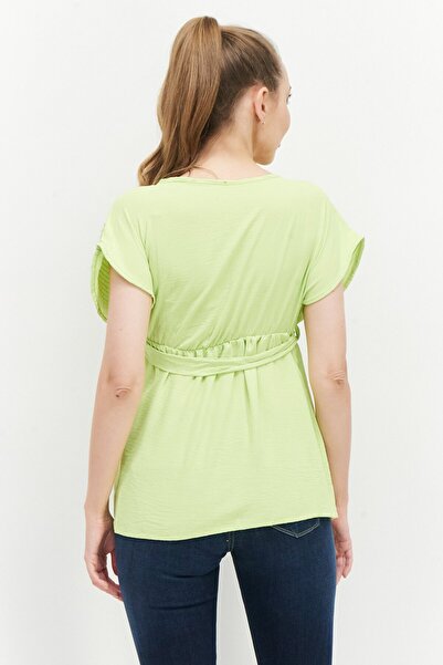 BOOHOO Women V-Neck Short Sleeve Pleated Top, Lime Green