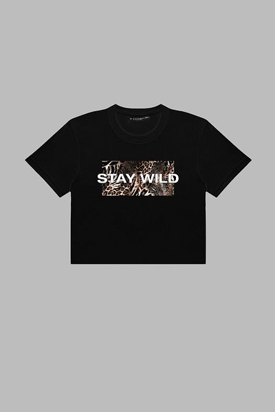 Sekizbiraltı Top crop negru cu imprimeu Stay Wild Leopard