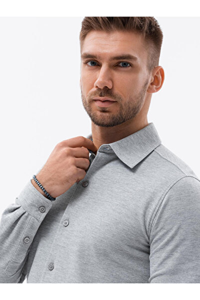 OMBRE Pánská pletená košile s dlouhým rukávem - šedá V5 K540 XL