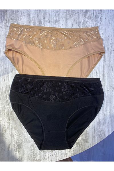 yeşil iç giyim Women's Plus Size 2-Piece Black+Flesh Color Lace Detailed Bato High Waist Panties