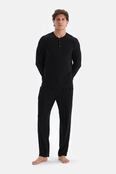 Dagi Anthracite Melange Half Placket Μακρυμάνικο Κασμίρ Μικτό T-Shirt Παντελόνι Σετ Πιτζάμες
